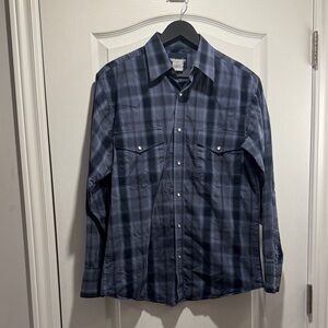 401-Wrangler Men’s Blue & Black Shadow Plaid Pearl Snap Western Shirt-flaw